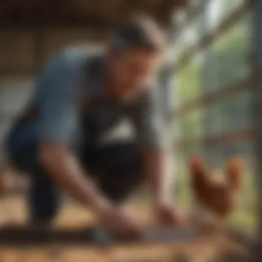 A farmer checking the maintenance of a galvanized chicken feeder.