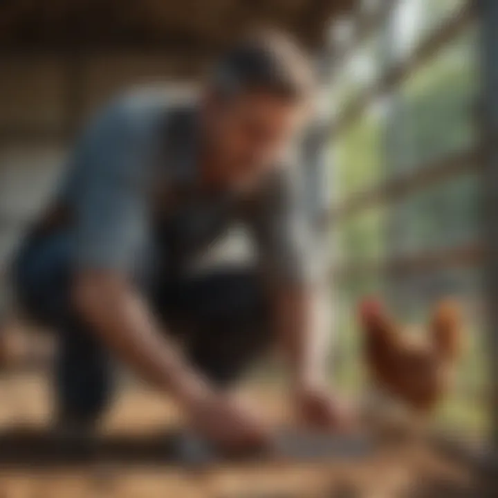 A farmer checking the maintenance of a galvanized chicken feeder.