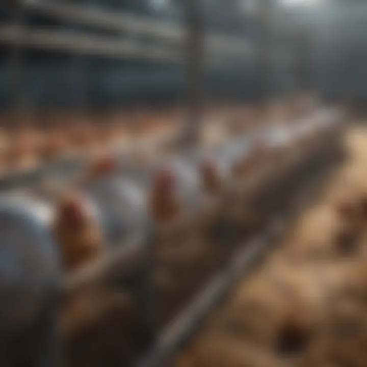 A row of galvanized chicken feeders in a poultry farm setting.