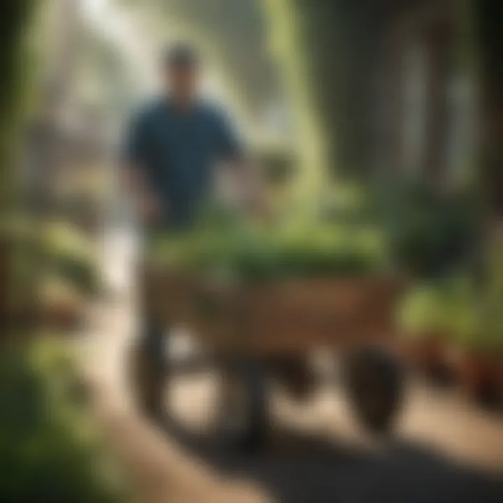 Gardener using a cart to transport plants