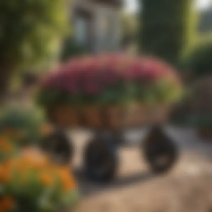 Sturdy garden cart navigating a flower bed