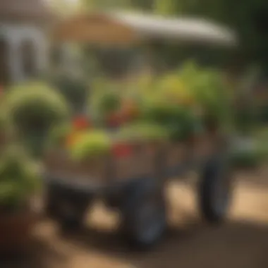 Variety of garden carts displayed in a garden setting