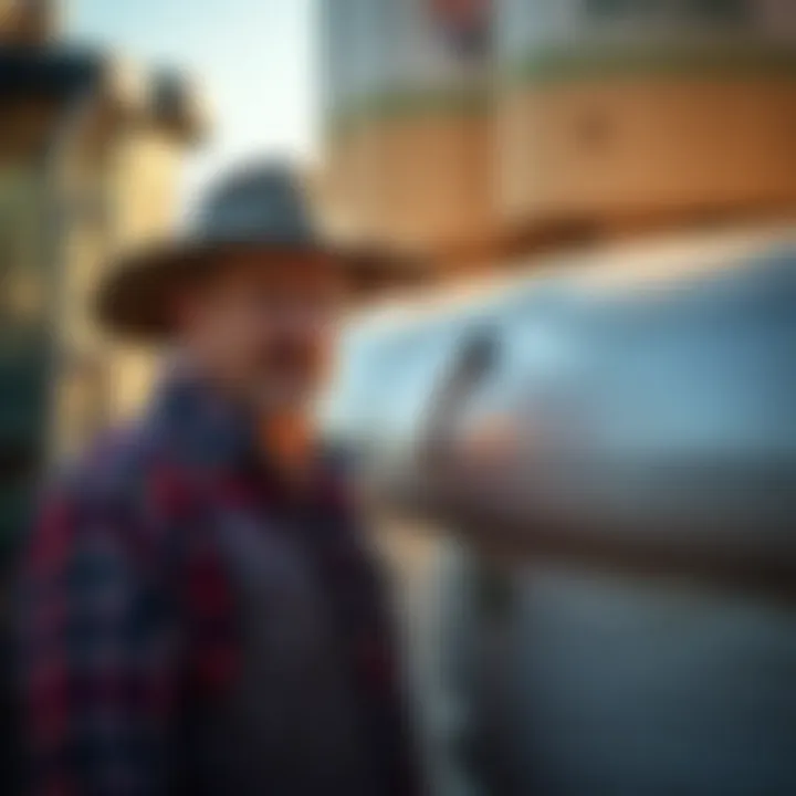 A farmer examining a grain bag unloader