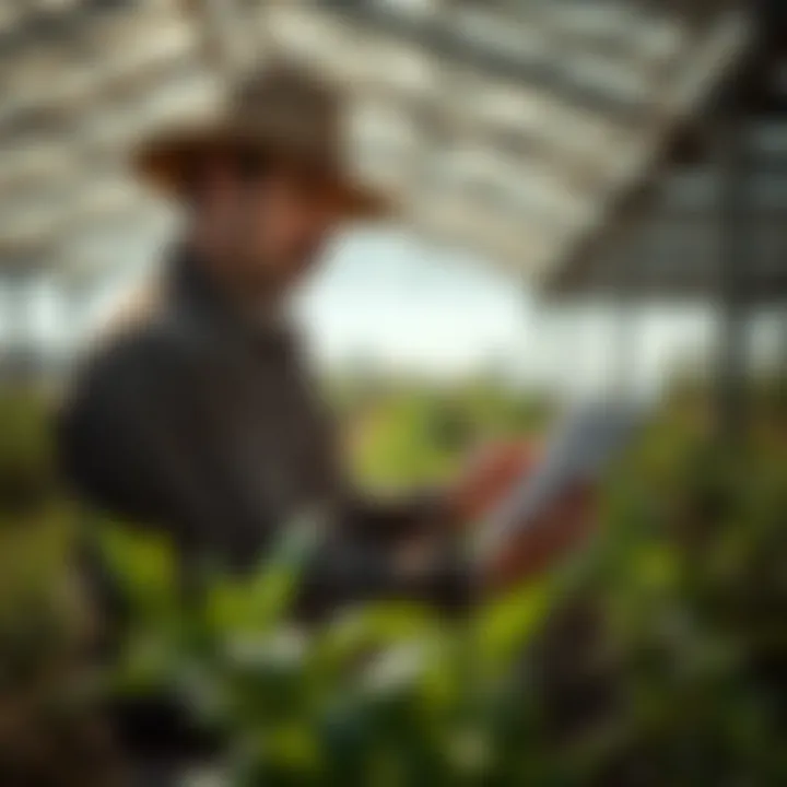 A farmer studying grant application documents