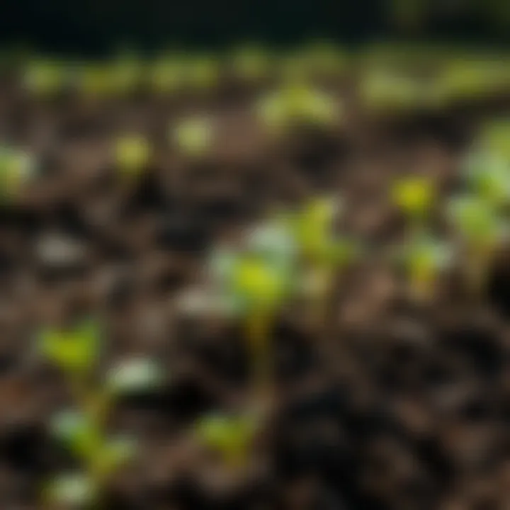 Close-up of freshly planted seedlings in soil