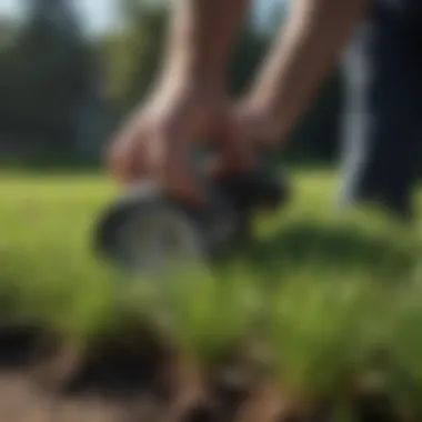 A professional measuring the area for grass installation.