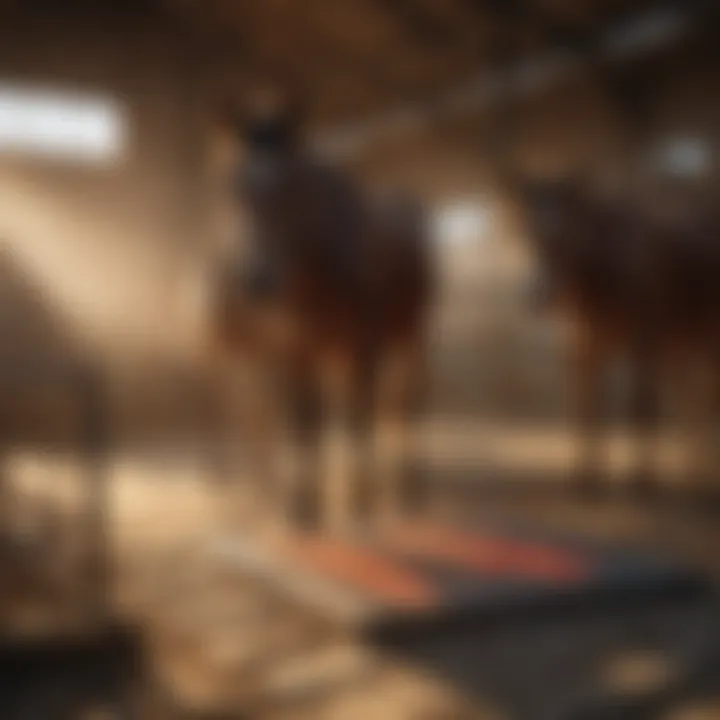 Equine resting on a heated pad in a stable