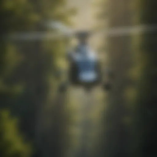 Helicopter hovering above a dense forest during tree removal operation