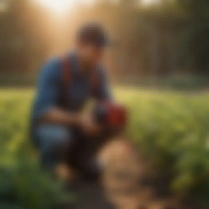 A horticulturist inspecting crops with an installed gas jet heater, emphasizing its role in crop management.