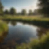 A close-up view of a farm pond showing clear water and surrounding vegetation