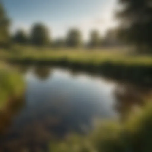 A close-up view of a farm pond showing clear water and surrounding vegetation