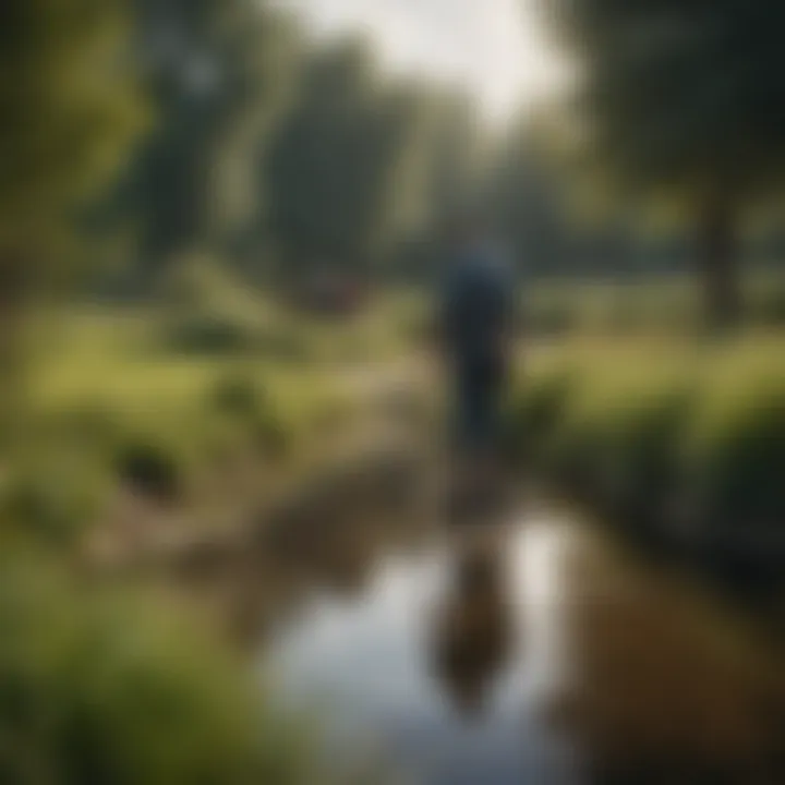 A farmer inspecting the edge of a pond for potential leaks