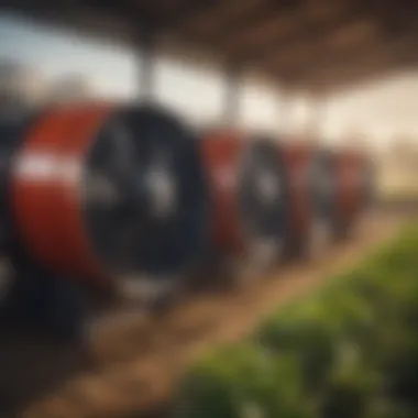 Agricultural setting utilizing industrial air exhaust fans, illustrating their application for effective air management in crop production.