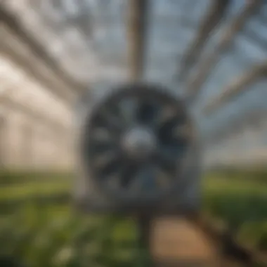 A high-efficiency industrial air exhaust fan installed in a greenhouse, showcasing its design and positioning for optimal airflow.