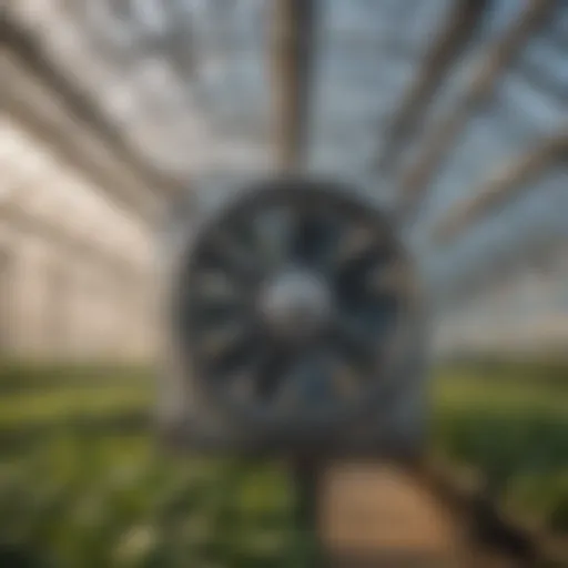 A high-efficiency industrial air exhaust fan installed in a greenhouse, showcasing its design and positioning for optimal airflow.