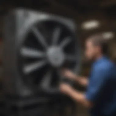 A technician performing maintenance on an industrial air exhaust fan, emphasizing the importance of regular upkeep for efficiency.