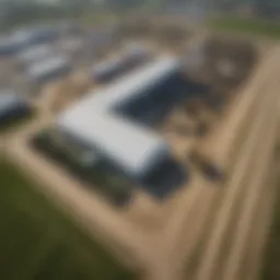 Aerial view of John Deere facility in Hampshire, Illinois showcasing agricultural machinery.