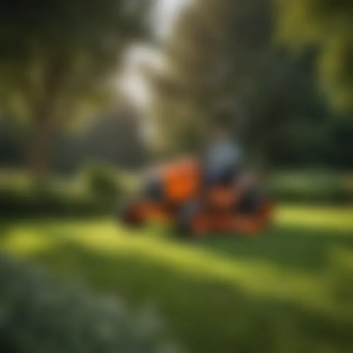 Kubota zero turn mower in action, efficiently navigating a landscaped area.