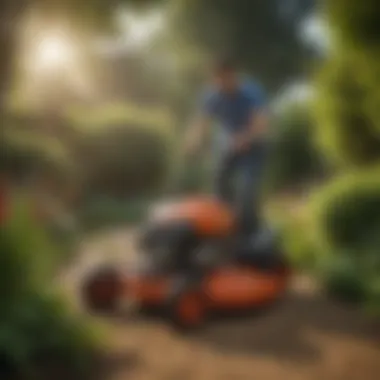 Professional landscaper utilizing a powerful push mower in a vibrant garden