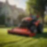 Lawn mower power rake in action on a vibrant lawn