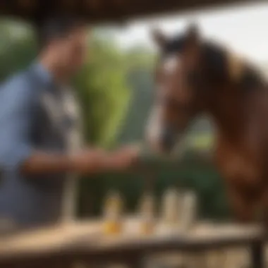 Veterinarian discussing liniment options with an owner