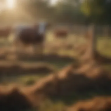 Livestock feeding from small haynets in a pasture