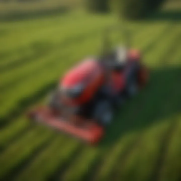 Mower in action on lush green field