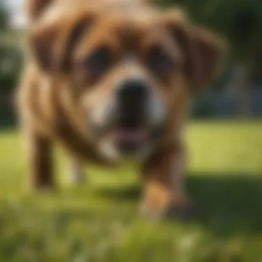 Impact of Dog Urine on Lawn Health A lush green lawn with visible brown spots from dog urine.