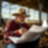 A farmer analyzing grant documents
