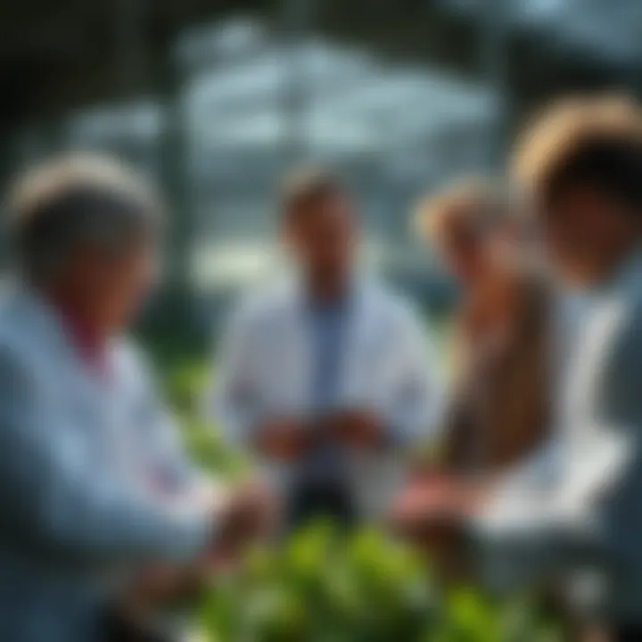 A group of researchers discussing agricultural funding