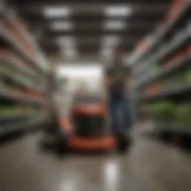 Comparison Shopping for Lawn Mowers Gardener comparing different lawn mower models in a store