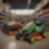 A variety of lawn mowers displayed in a Lowe's store