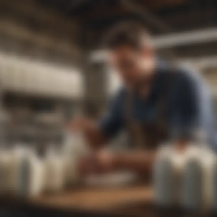 A farmer inspecting milk quality, emphasizing the importance of quality control in dairy farming.