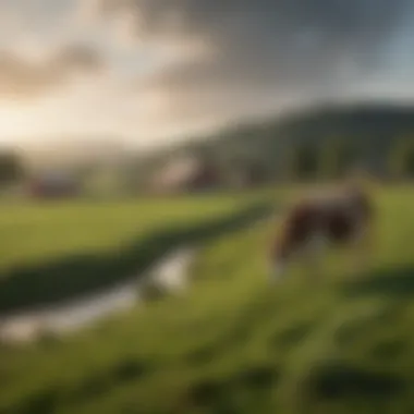 Serene Dairy Farm Landscape A serene dairy farm landscape showcasing lush green pastures and content dairy cows.