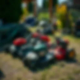 Different types of mower grass cutters displayed in a garden setting