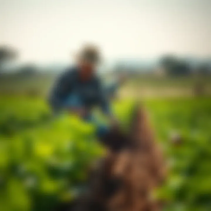 Farmers applying organic fertilizer to a lush green field