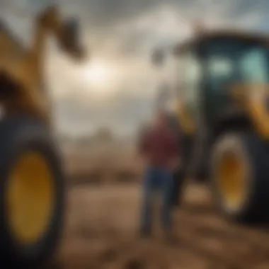 A farmer evaluating used heavy equipment with a dealer, highlighting the buyer's decision-making process.