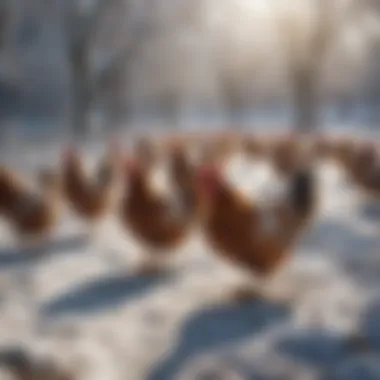 Free Range Chickens Foraging in Winter A group of free range chickens foraging in a snowy landscape