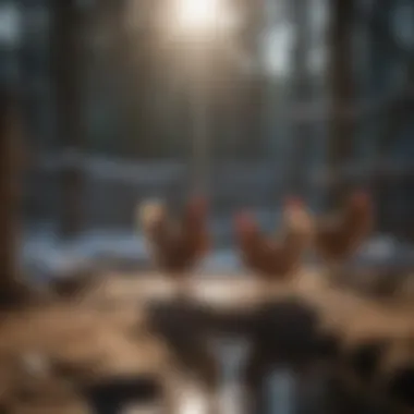 Chickens drinking from a heated water source during winter