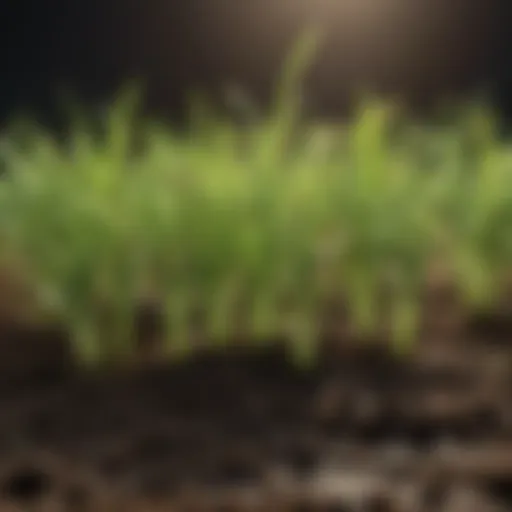 Close-up of healthy grass seedlings emerging from fertile soil