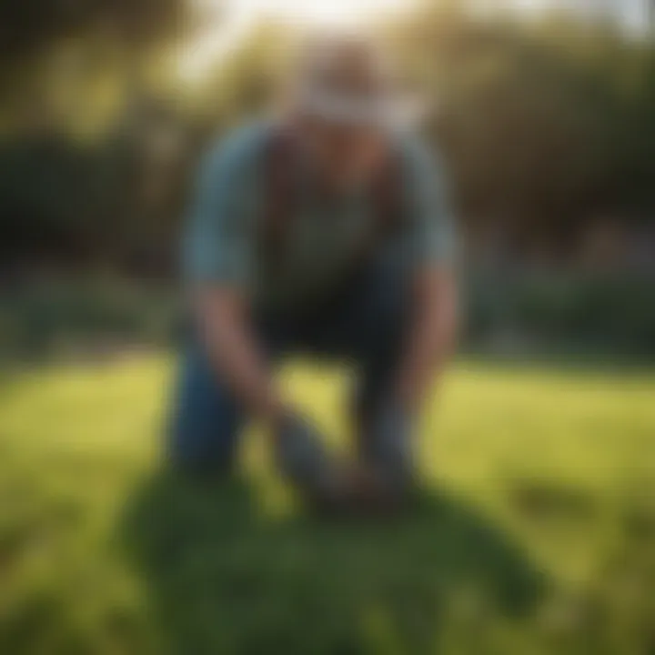 Gardener examining grass growth and soil health in South Texas