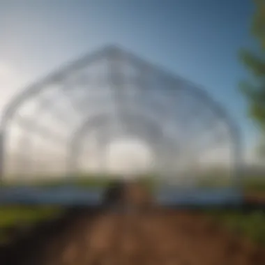 A greenhouse covered with polyethylene film under a clear sky