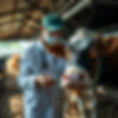 Veterinarian administering supplements to a cow in a barn.