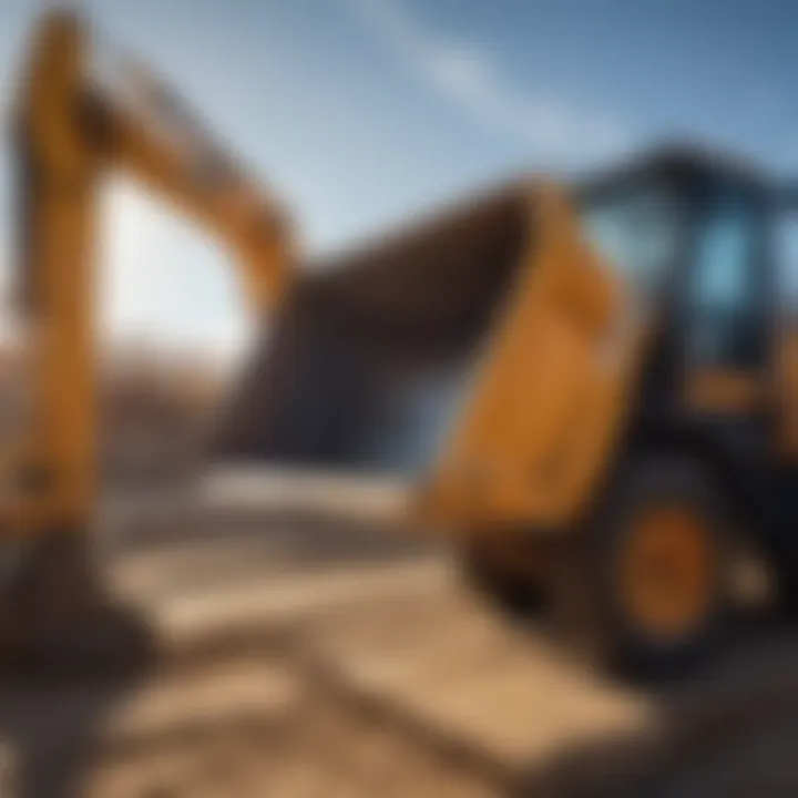 A detailed view of an oversized skid steer bucket in action at a construction site.