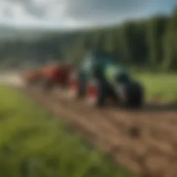 A powerful tractor working in a green field