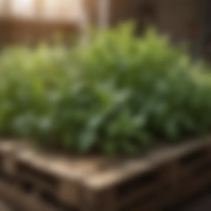 Close-up of herbs thriving in a pallet garden setup.