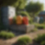 A serene garden with labeled chemical containers for safe disposal