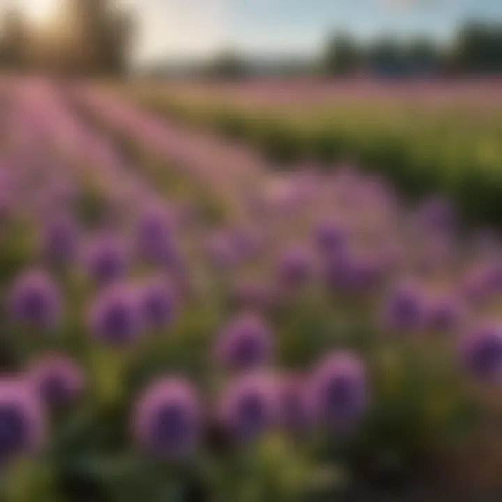 Close-up of purple flowers on cover crop plants