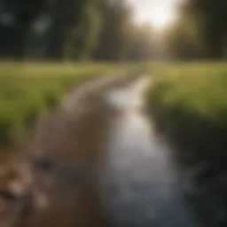 A clear stream flowing through a lush agricultural field