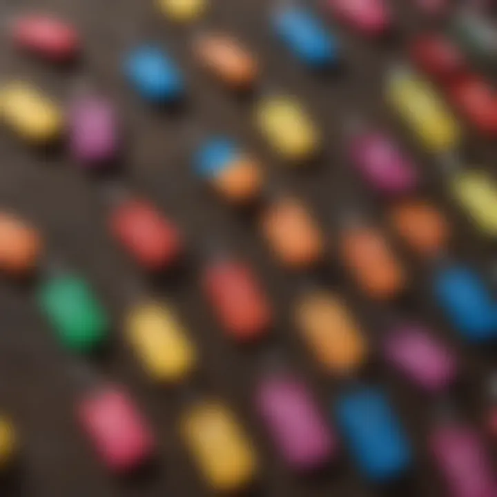 Close-up view of Ritchey cattle ear tags in different colors